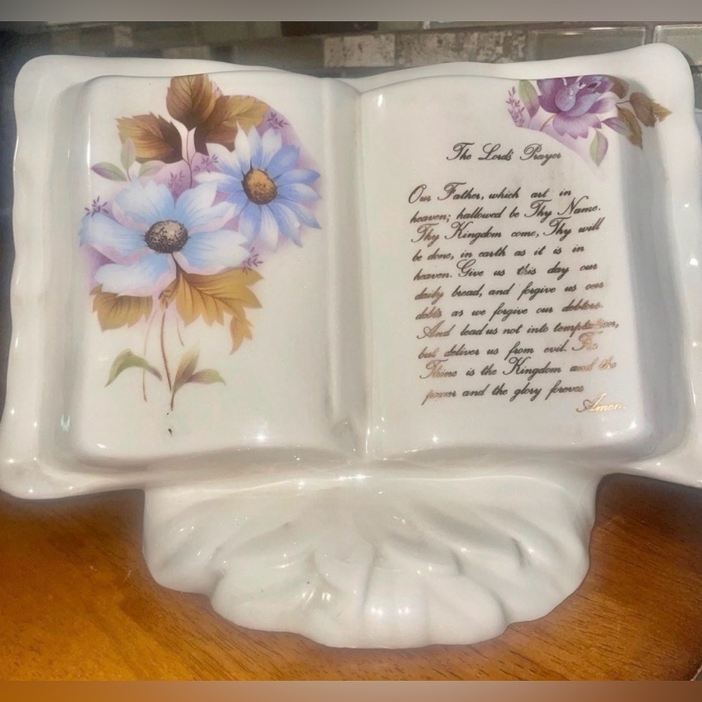 Vintage Ceramic Lord’s Prayer Open Book Figurine Floral Religious Decor - Picture 3 of 7